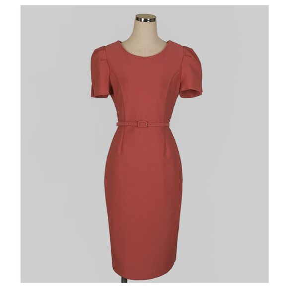 Ode Puff Sleeve Belted Midi Dress in Copper Rust Red - Picture 5 of 9
